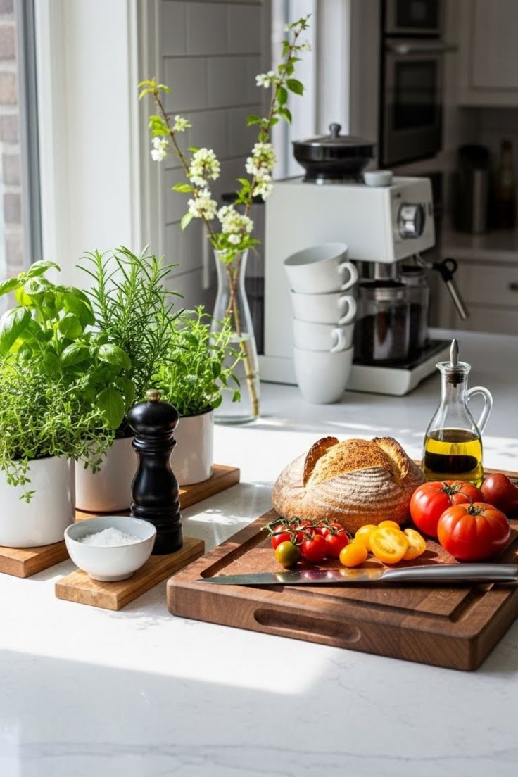 A wooden kitchen counter arranged with fresh vegetables, herbs and an open notebook